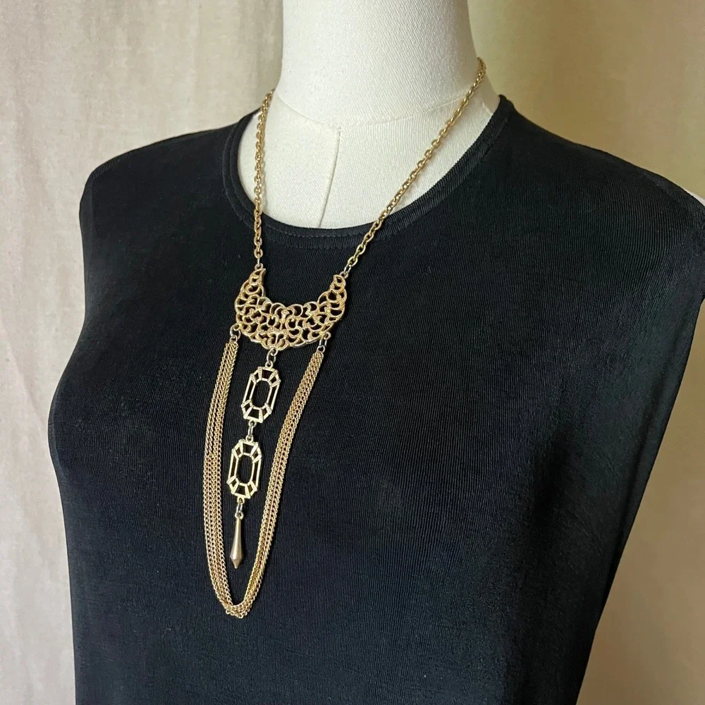 Vintage Gold Tone Filigree Fringe Statement Necklace Bib 1920s Style